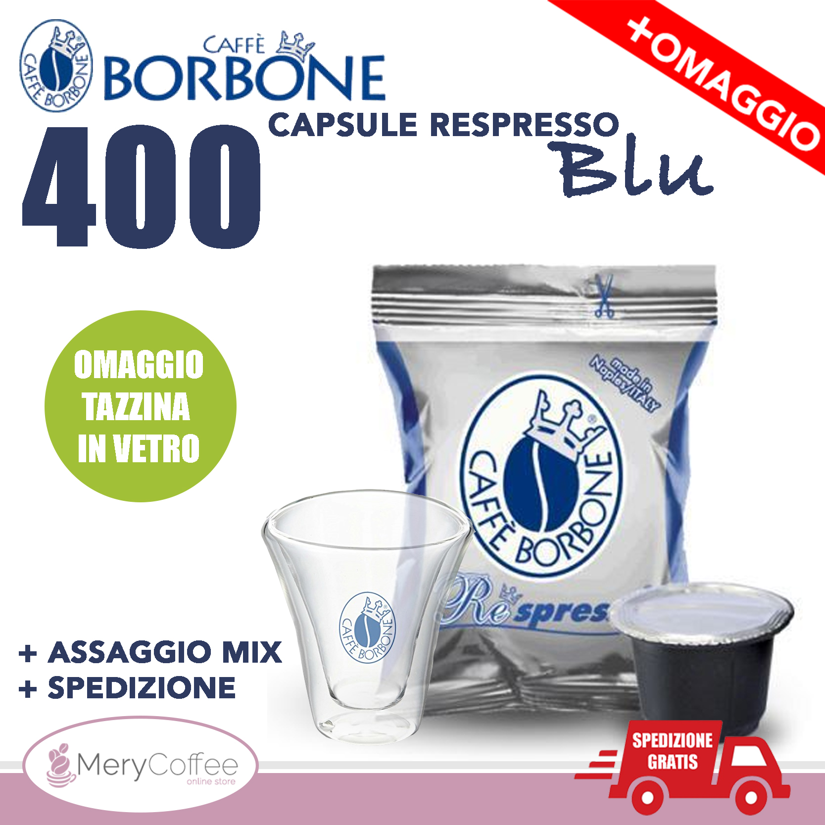 400 Capsule Respresso Borbone Blu COMPATIBILE NESPRESSO+tazzina  vetro+assaggio mix - MeryCoffee