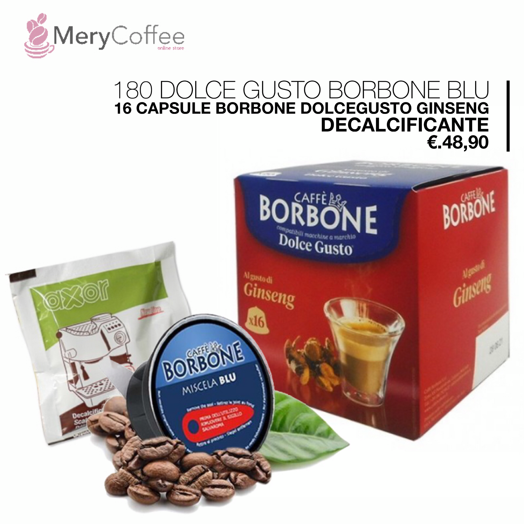 180 dolce gusto borbone blu+ 16 capsule borbone dolcegusto ginseng +  decalcificante - MeryCoffee