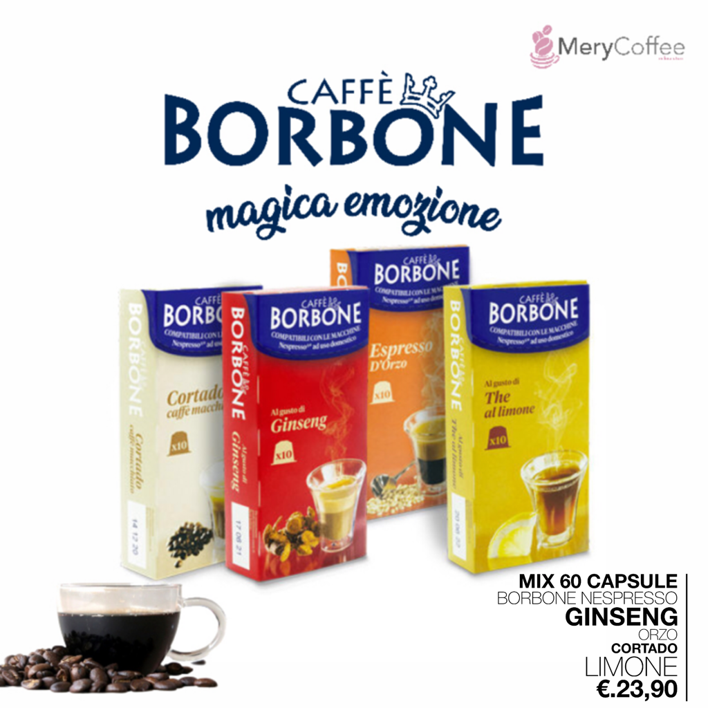 Mix 60 capsule borbone nespresso ginseng/orzo/cortado/limone - MeryCoffee