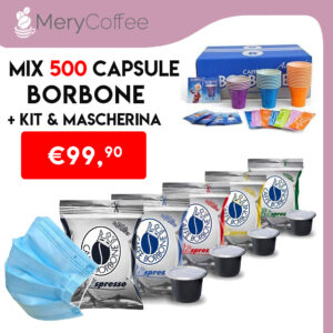 Mix 500 capsule borbone Respresso (nera/rossa/blu/oro/dek), con 1 kit da 150 borbone e mascherina Covid a soli 99.90